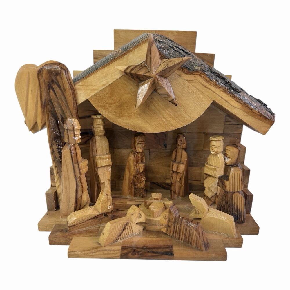 Nativity Hand Carved Olive Wood Crafted In Bethlehem MUSICAL Rotating Star